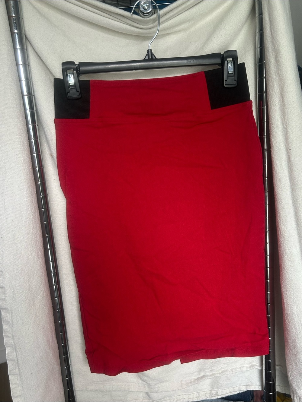 Soho Apparel Red Pencil Skirt with Black Waist Trim